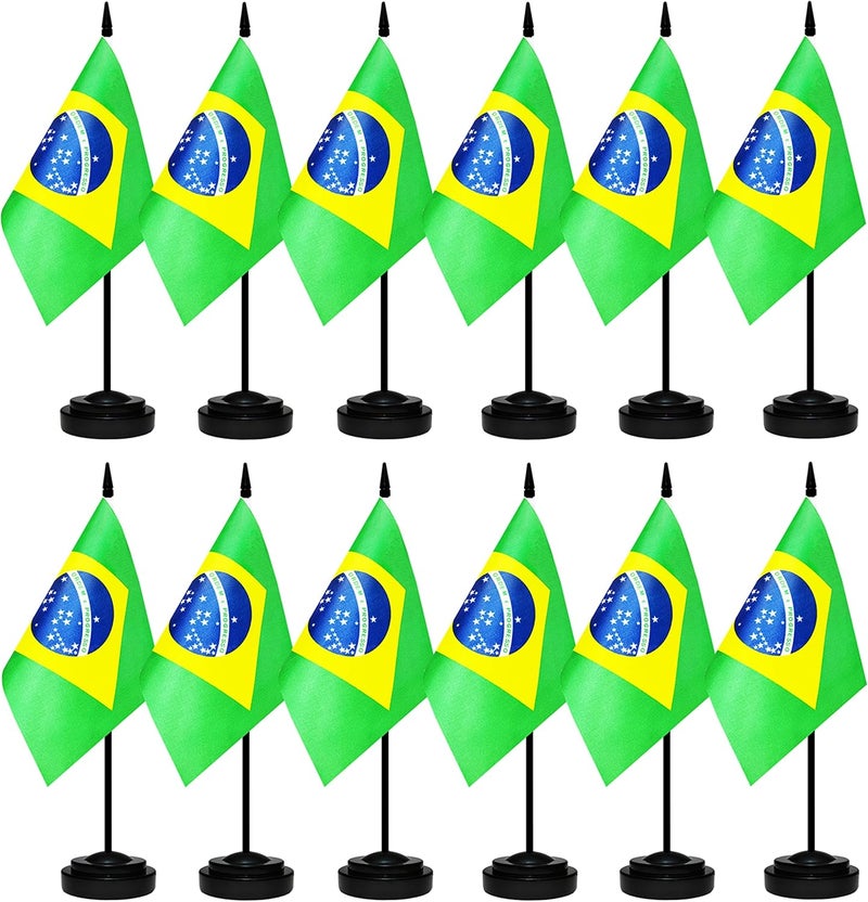 BCLin 12 Pack Brazil Desk Flags Set, Brazilian Small Mini Table Office Flags with 12" Solid Black Pole, 8.2 x 5.5 Inches, Home and Office Decoration, Festival Celebrations - Image 1